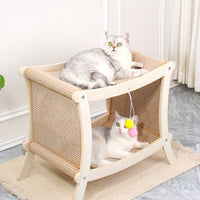 HKM-8547901 Double-Layered Solid Wood Cat Nest with Sisal Scratch Board for Comfort and Play