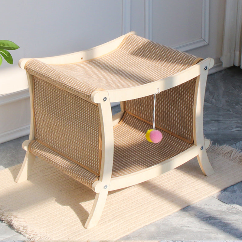 HKM-8547901 Double-Layered Solid Wood Cat Nest with Sisal Scratch Board for Comfort and Play