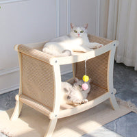 HKM-8547901 Double-Layered Solid Wood Cat Nest with Sisal Scratch Board for Comfort and Play