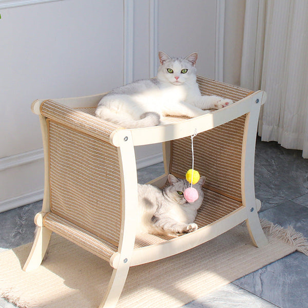HKM-8547901 Double-Layered Solid Wood Cat Nest with Sisal Scratch Board for Comfort and Play