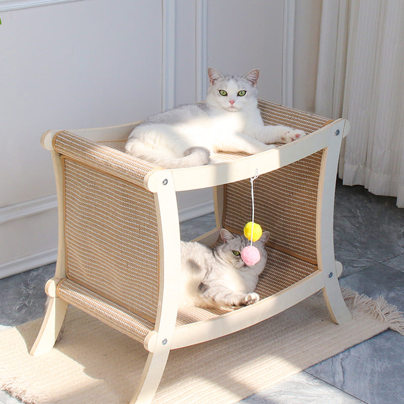 HKM-8547901 Double-Layered Solid Wood Cat Nest with Sisal Scratch Board for Comfort and Play