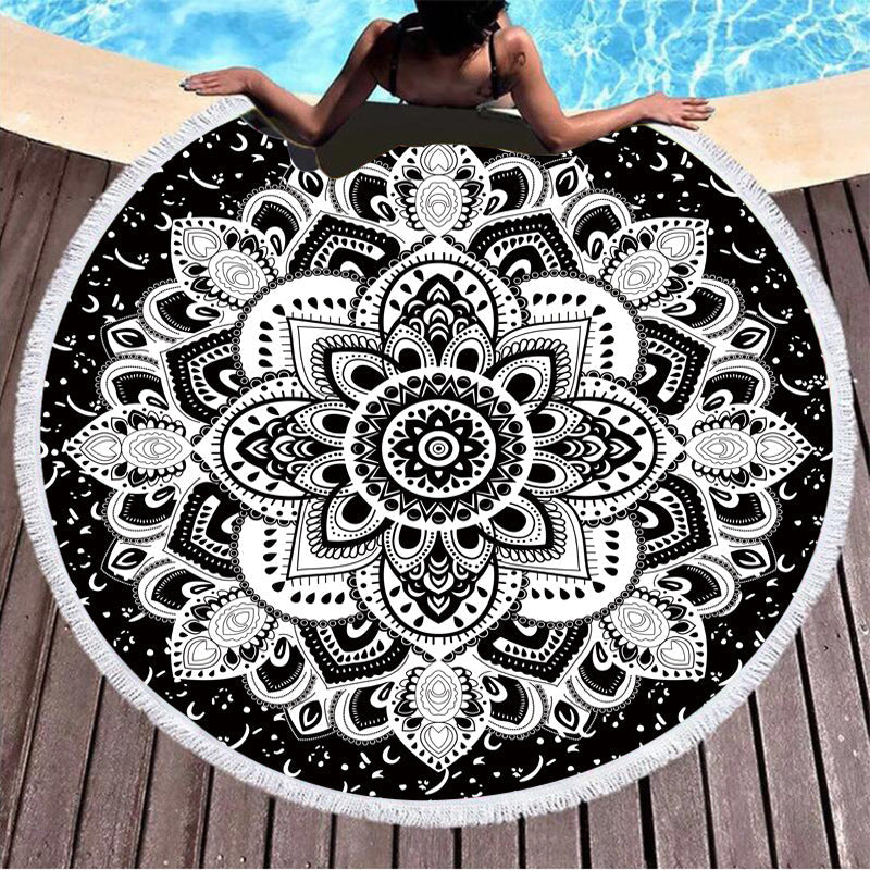 HKM-855059 Round Microfiber Beach Towel with Tassel, 150x150cm Summer Design