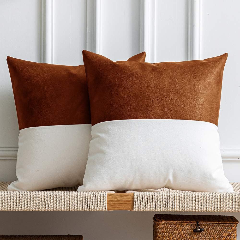 HKM-855123 PU Cotton Canvas Double-Stitched Leather Sofa Cushion Cover - Solid Color Options, 45x45 cm