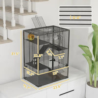 HKM-8551357 4-Tier Hamster Cage with Tempered Glass Bottom, Running Wheel, Hut, Water Bottle, and Food Dish