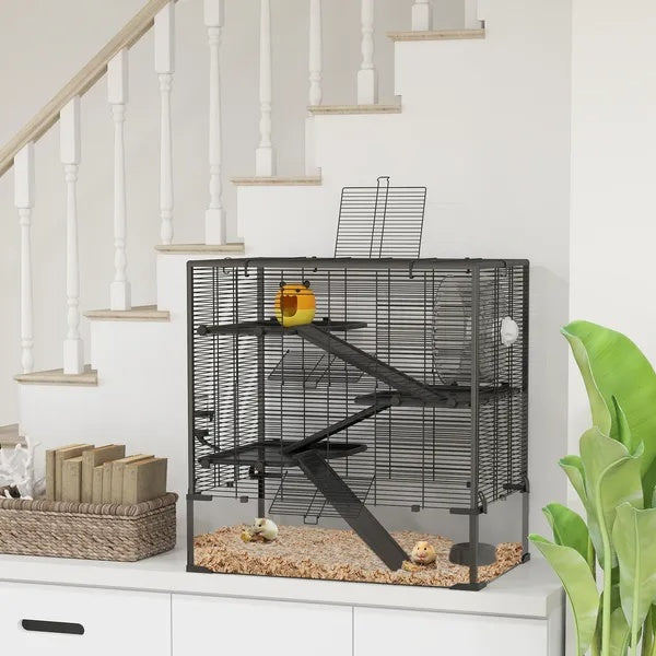 HKM-8551357 4-Tier Hamster Cage with Tempered Glass Bottom, Running Wheel, Hut, Water Bottle, and Food Dish