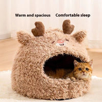 HKM-8551741 Cozy Plush Cat Nest in Three Sizes - White Bear, White Rabbit, Brown Deer Designs