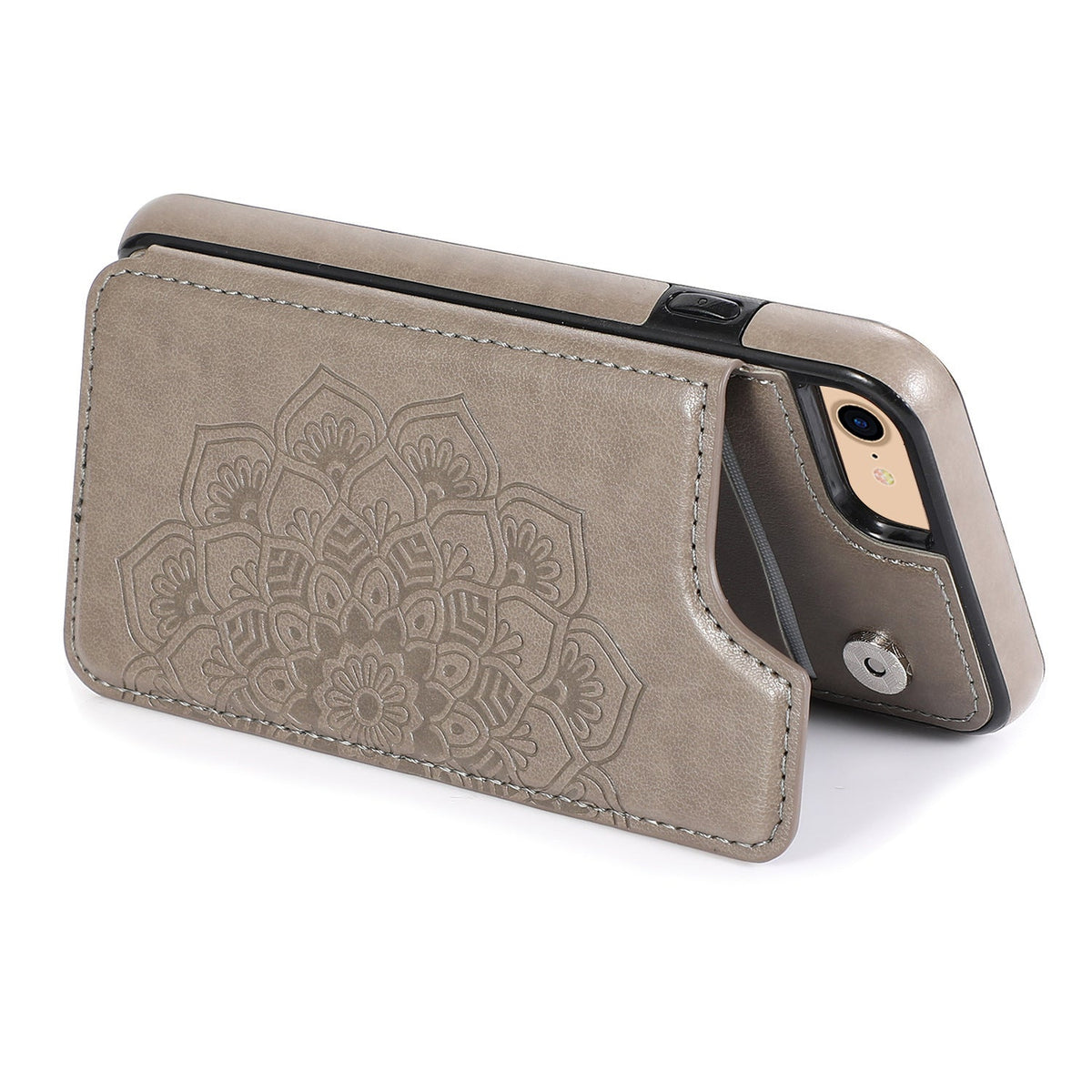 HKM-855315 Mandala Embossed Wallet Phone Case for Various iPhone Models in Gray, Rose Gold, Purple, Mint Green, Blue