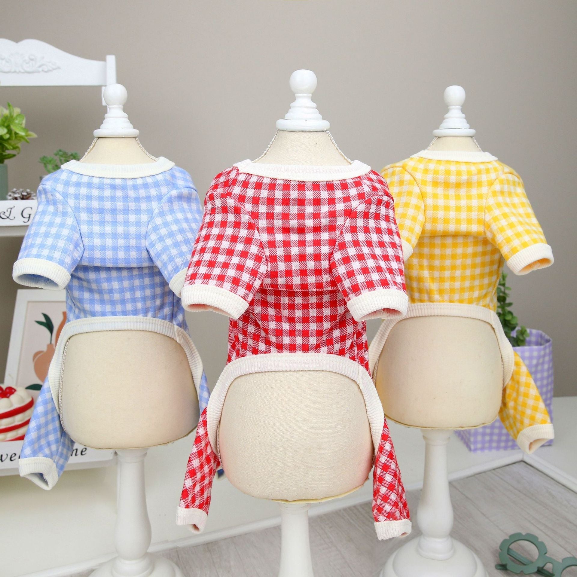 HKM-8554045 Plaid Cotton Four-Legged Clothing for Small Dogs in Yellow, Red, and Blue