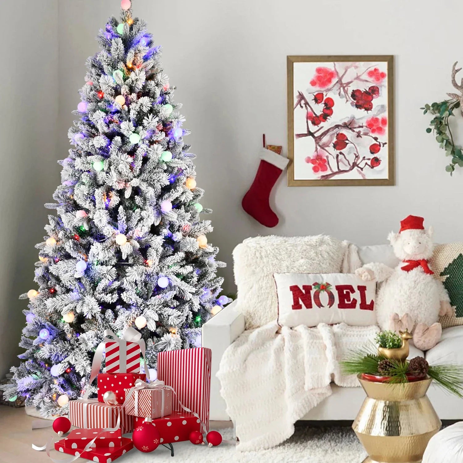 HKM-855827 Pre-Lit Flocked Christmas Tree with 1000-1500 LED Lights and Decorative Ornaments, Hinged Branch Design for Indoor/Outdoor Use