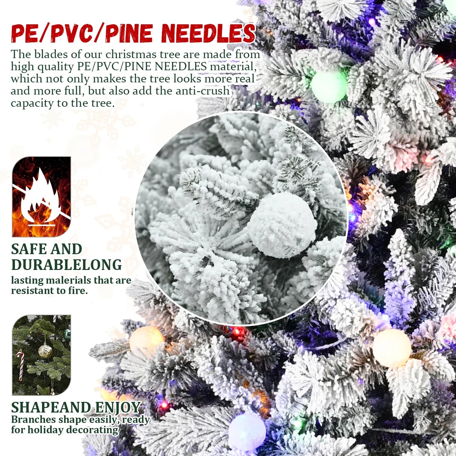 HKM-855827 Pre-Lit Flocked Christmas Tree with 1000-1500 LED Lights and Decorative Ornaments, Hinged Branch Design for Indoor/Outdoor Use