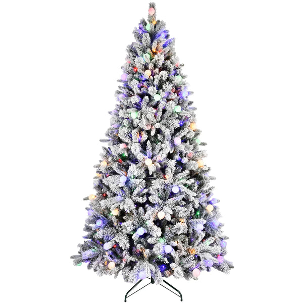 HKM-855827 Pre-Lit Flocked Christmas Tree with 1000-1500 LED Lights and Decorative Ornaments, Hinged Branch Design for Indoor/Outdoor Use