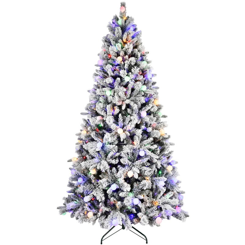 HKM-855827 Pre-Lit Flocked Christmas Tree with 1000-1500 LED Lights and Decorative Ornaments, Hinged Branch Design for Indoor/Outdoor Use