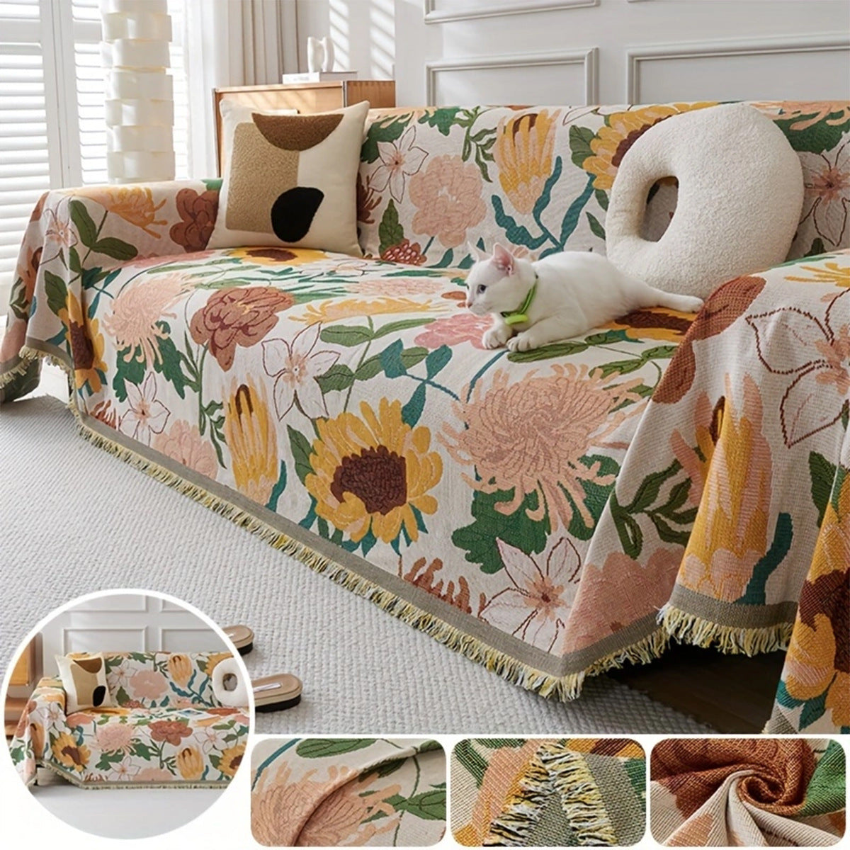 HKM-856275 Universal Chenille Sofa Cover in YB-Marigold and Floral Design - Multiple Sizes Available