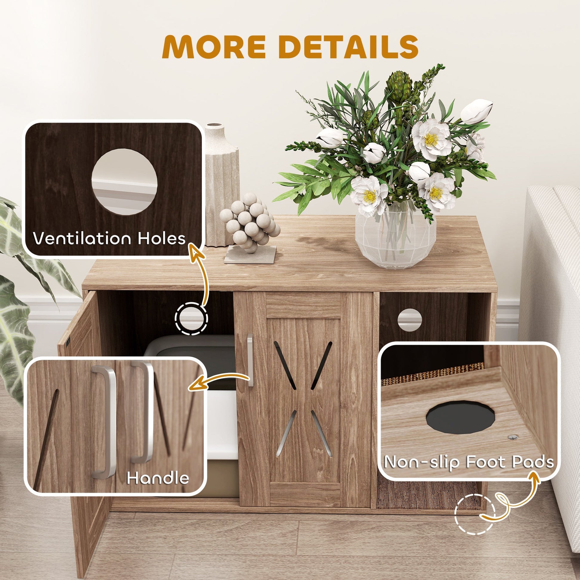 HKM-8564669 Cat Litter Box Enclosure with Scratching Board and Side Table Design in Walnut Brown, 31.5" x 19" x 20"