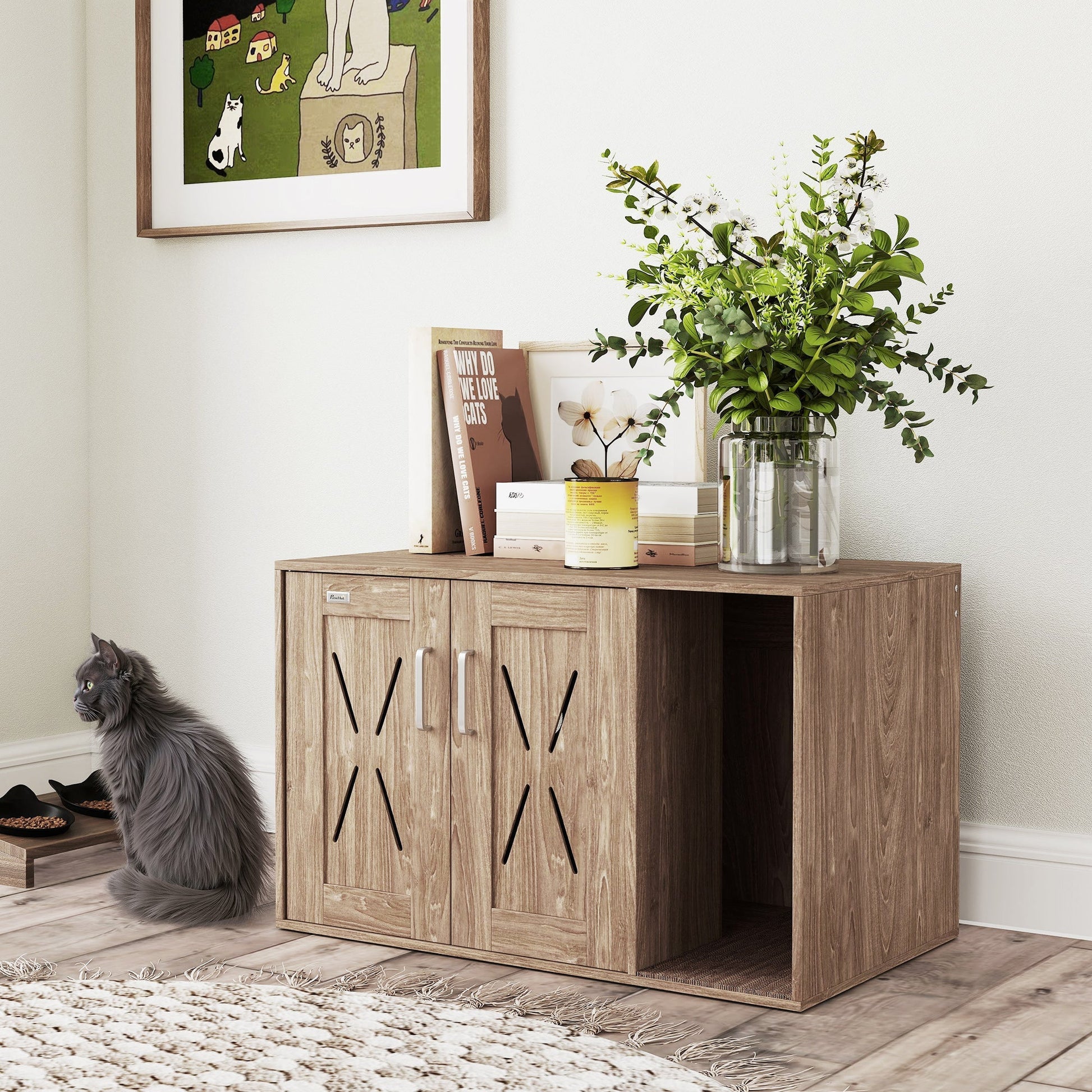 HKM-8564669 Cat Litter Box Enclosure with Scratching Board and Side Table Design in Walnut Brown, 31.5" x 19" x 20"