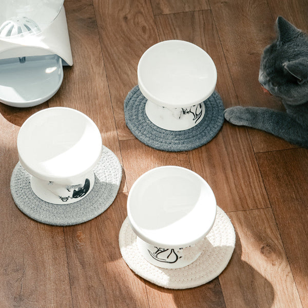 HKM-8565181 High-Foot Ceramic Pet Bowl with Elegant Patterns in White, Black, and Floral Designs