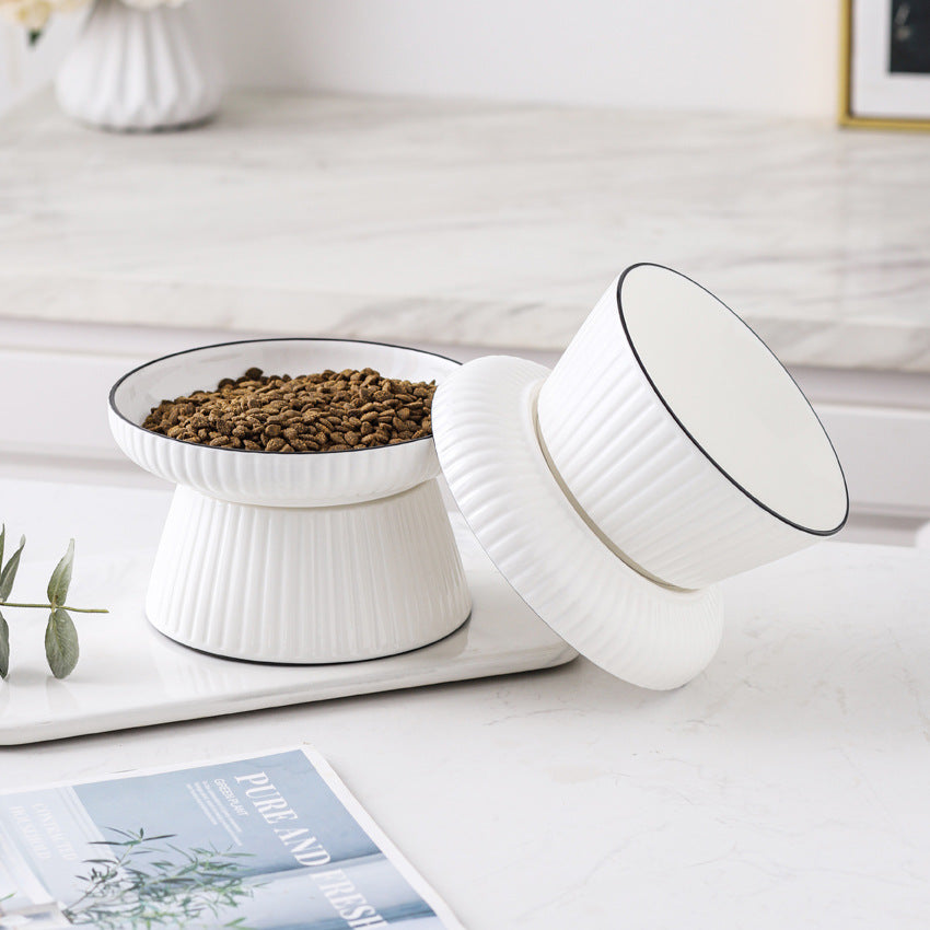 HKM-8569149 Ceramic Tall Cat Bowl with Anti-Overturn Design - Large Size, Striped and Pattern Options Available