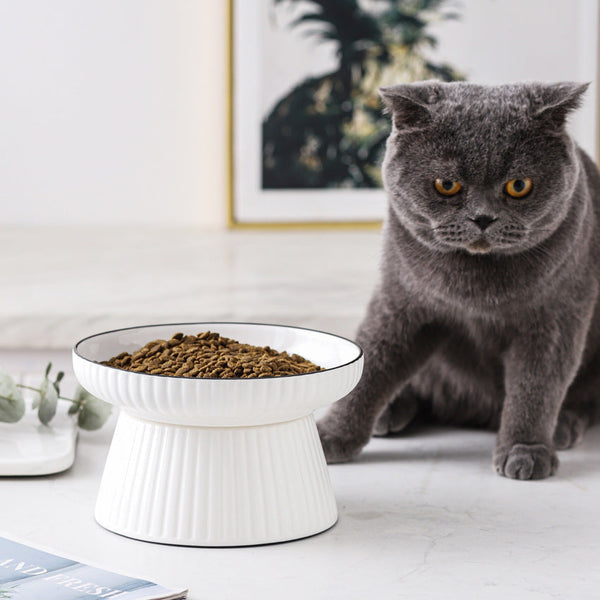 HKM-8569149 Ceramic Tall Cat Bowl with Anti-Overturn Design - Large Size, Striped and Pattern Options Available