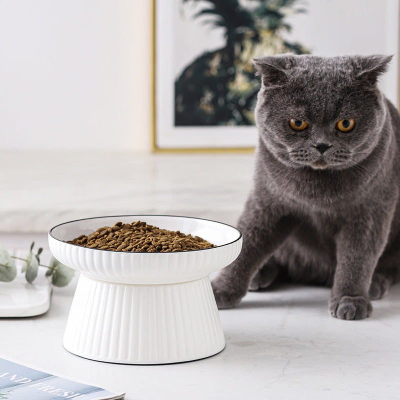 HKM-8569149 Ceramic Tall Cat Bowl with Anti-Overturn Design - Large Size, Striped and Pattern Options Available