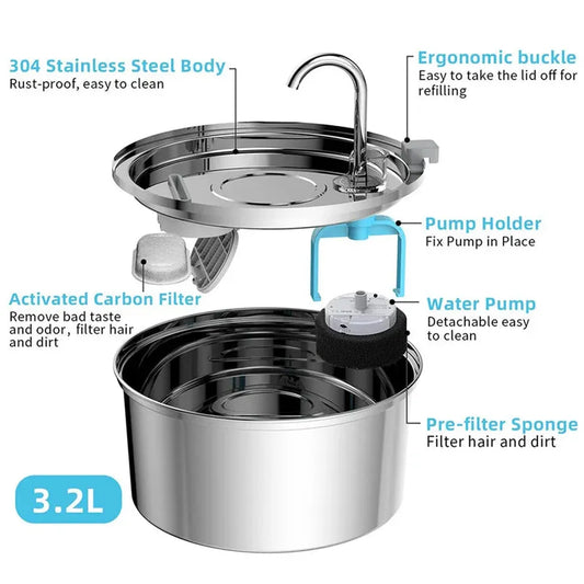 HKM-856979 Stainless Steel 3.2L Pet Water Fountain for Cats and Small Dogs