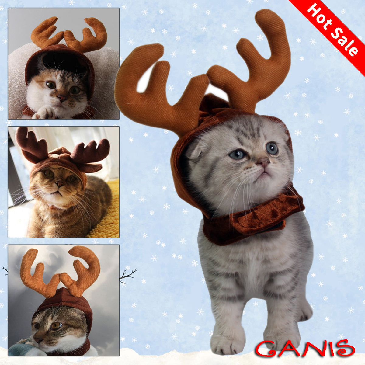 HKM-857043 Christmas Reindeer Hat for Dogs and Cats - Adjustable Velcro Antlers, Comfortable Polyester Design, Brown, One Size Fits All