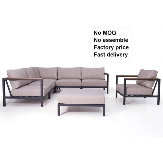 HKM-857235 Teak Wood Armrest Sectional Sofa Set with Aluminium Frame for Outdoor Patio and Garden