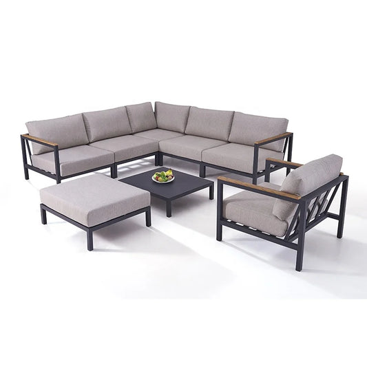 HKM-857235 Teak Wood Armrest Sectional Sofa Set with Aluminium Frame for Outdoor Patio and Garden