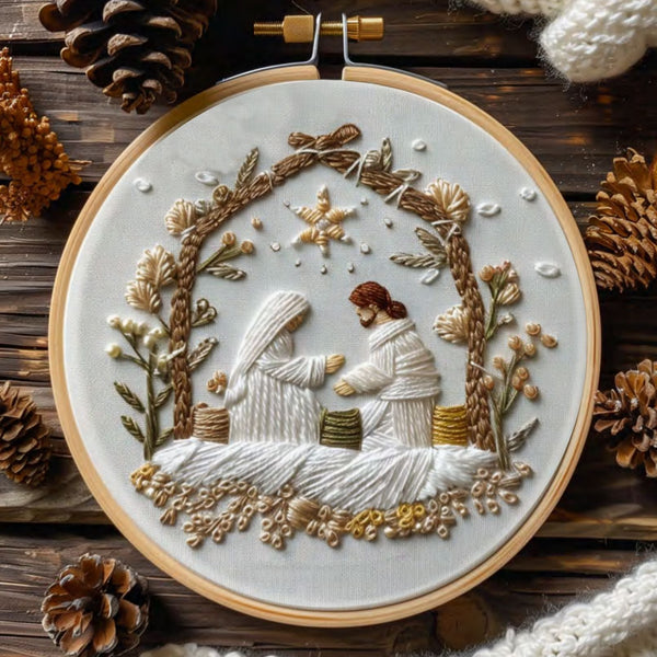 HKM-857363 Modern Christmas White Nativity Embroidery Material Kit with Bamboo Frame, 28x28cm