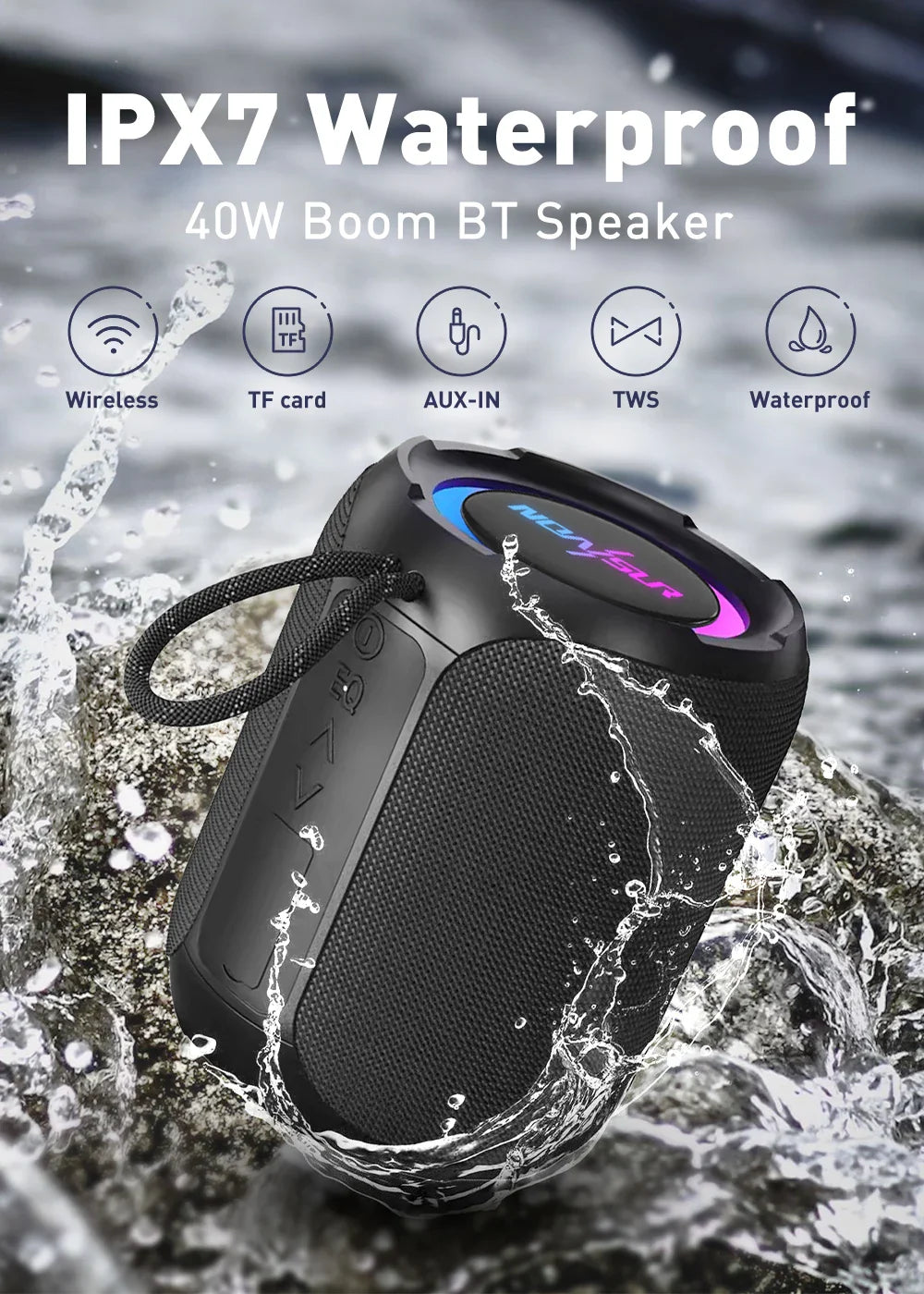 HKM-857363 Portable Bluetooth Speaker with 40W Stereo Sound, Extra Bass, IPX7 Waterproof for Outdoor Parties