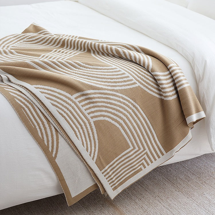 HKM-857683 Khaki and Light Gray Geometric Knitted Blanket, 130x180 cm