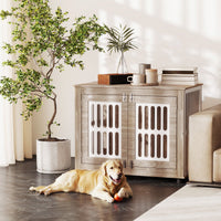 HKM-8578365 Walnut Brown Dog Crate Furniture with Double Doors and Adjustable Feet for Large Dogs