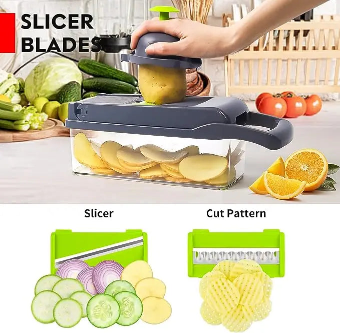 HKM-858259 13-in-1 Multifunctional Handheld Food Cutter and Vegetable Chopper with Interchangeable Blades