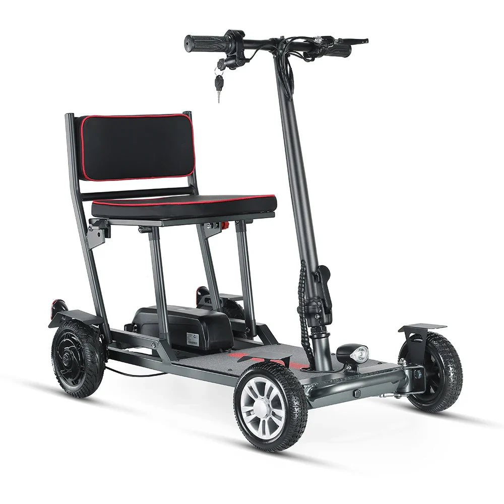 HKM-858387 Lightweight 4-Wheel Electric Mobility Scooter for Outdoor Travel, Foldable, 18KM Range, Brushless Motor, Waterproof