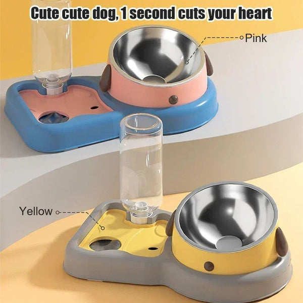 HKM-8584253 2-in-1 Pet Feeder Bowl and Water Dispenser with 15-Degree Tilt Design for Cats and Small Dogs