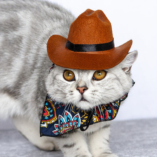 HKM-8585277 Pet Cat Cowboy Straw Hat - Stylish Brown Cowboy Hat for All Seasons, Free Size