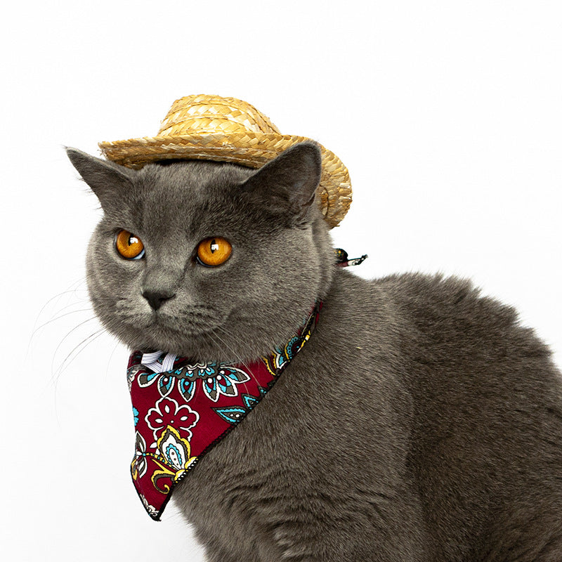 HKM-8585277 Pet Cat Cowboy Straw Hat - Stylish Brown Cowboy Hat for All Seasons, Free Size