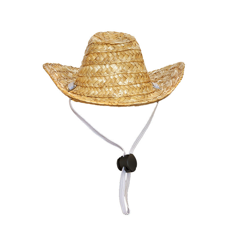 HKM-8585277 Pet Cat Cowboy Straw Hat - Stylish Brown Cowboy Hat for All Seasons, Free Size