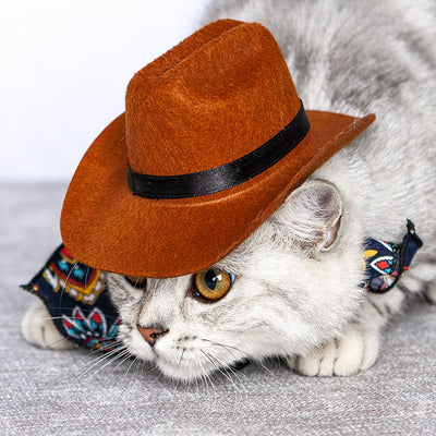 HKM-8585277 Pet Cat Cowboy Straw Hat - Stylish Brown Cowboy Hat for All Seasons, Free Size