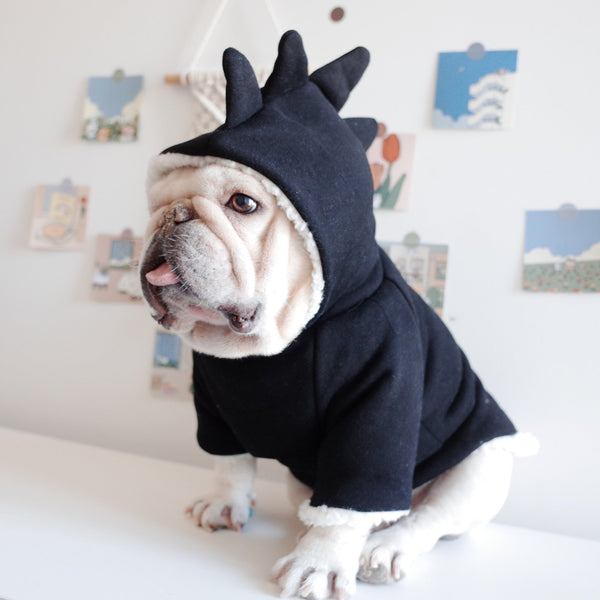 HKM-8585533 Cozy Black Lamb Fleece Dinosaur Hooded Sweater for Dogs