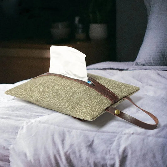 HKM-858579 Retro Canvas Paper Towel Cover with Detachable Bag for Car Seat Storage