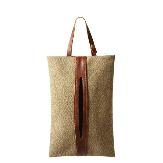 HKM-858579 Retro Canvas Paper Towel Cover with Detachable Bag for Car Seat Storage