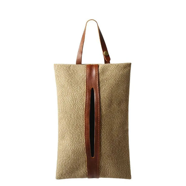 HKM-858579 Retro Canvas Paper Towel Cover with Detachable Bag for Car Seat Storage