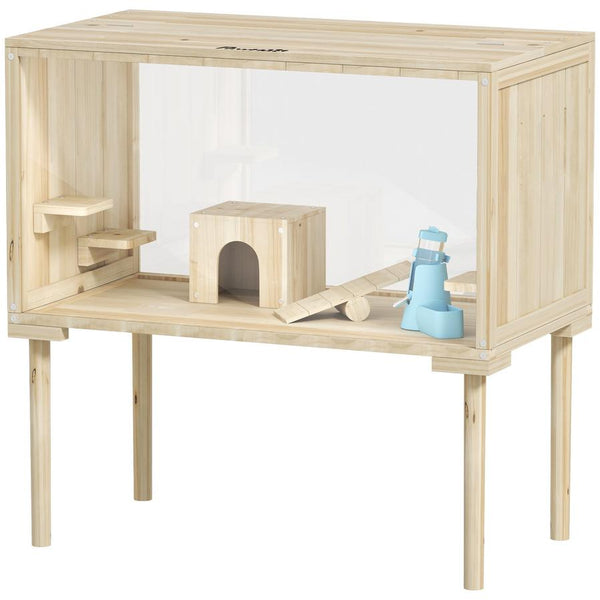 HKM-858835 Spacious Wooden Hamster Cage with Legs, Multi-Level Gerbil Habitat for Small Rodents