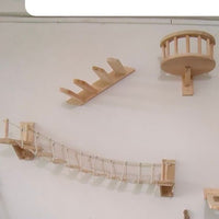 HKM-8589501 Wall-Mounted Solid Wood Cat Nest with Breathable Hemp Rope and Suspension Bridge Design