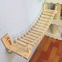 HKM-8589501 Wall-Mounted Solid Wood Cat Nest with Breathable Hemp Rope and Suspension Bridge Design