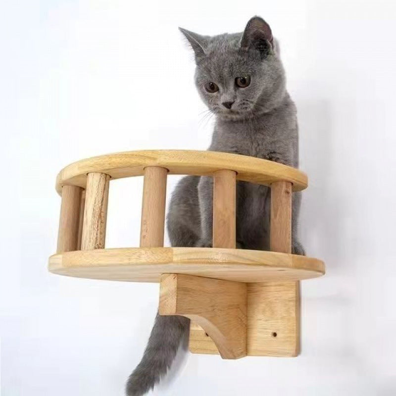 HKM-8589501 Wall-Mounted Solid Wood Cat Nest with Breathable Hemp Rope and Suspension Bridge Design