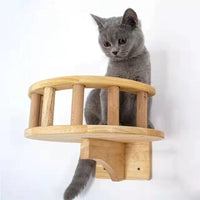 HKM-8589501 Wall-Mounted Solid Wood Cat Nest with Breathable Hemp Rope and Suspension Bridge Design
