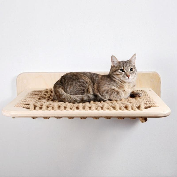 HKM-8589501 Wall-Mounted Solid Wood Cat Nest with Breathable Hemp Rope and Suspension Bridge Design