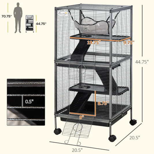HKM-8589885 Metal Small Animal Cage with 4 Tiers, Removable Tray, Rolling Design, Hammock Included, for Ferrets, Chinchillas, and Sugar Gliders