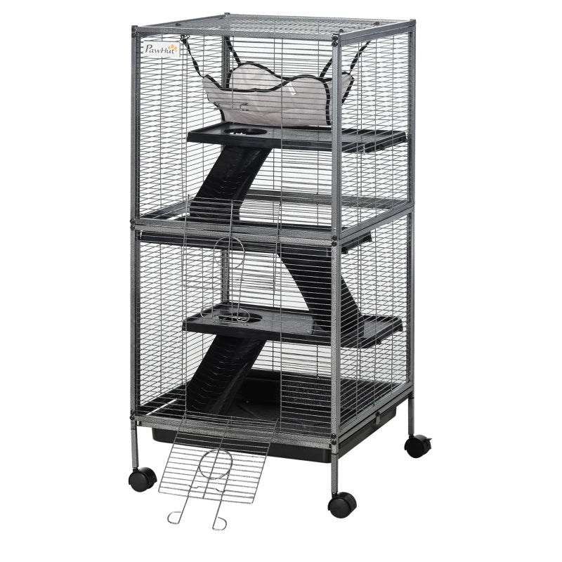 HKM-8589885 Metal Small Animal Cage with 4 Tiers, Removable Tray, Rolling Design, Hammock Included, for Ferrets, Chinchillas, and Sugar Gliders